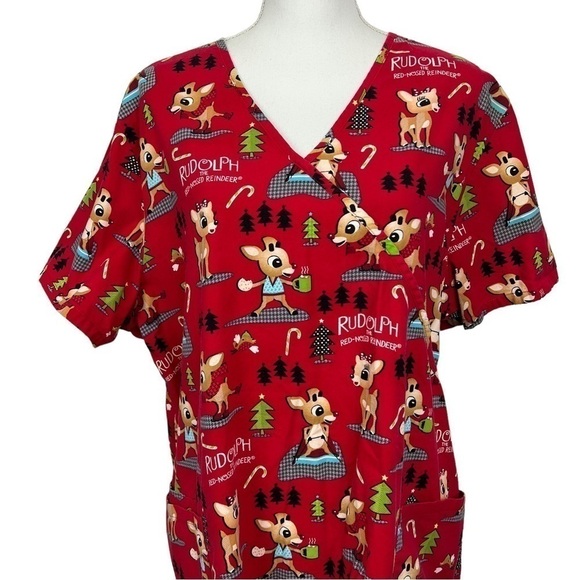 RUDOLPH THE RED NOSED REINDEER Women’s Scrub Sz 2X Multi Color V-neck SS - Picture 2 of 11